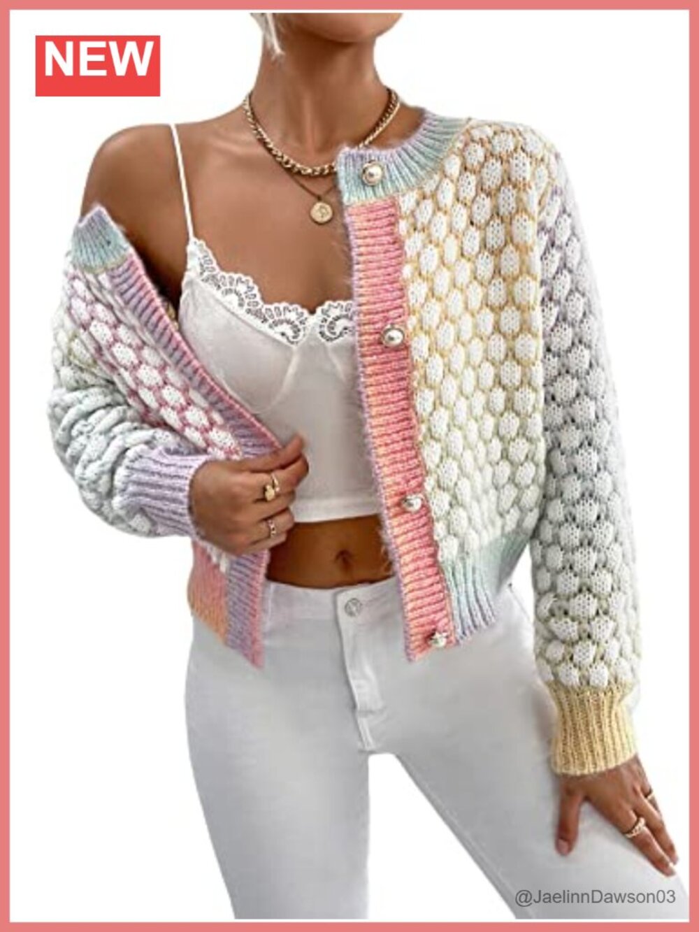 Cropped Button Up Cardigan Tweed Knit Pearl Bead Long Sleeve Office Travel